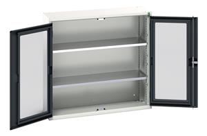verso window door cupboard with 2 shelves. WxDxH: 1050x350x1000mm. RAL 7035/5010 or selected Verso Glazed Clear View Storage Cupboards for Tools with Shelves